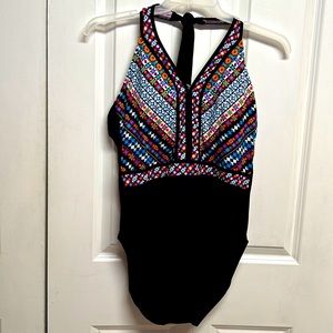 Aqua Green Black Multi Color Aztec Print Neck Tie One Piece Bathing Suit Size XL